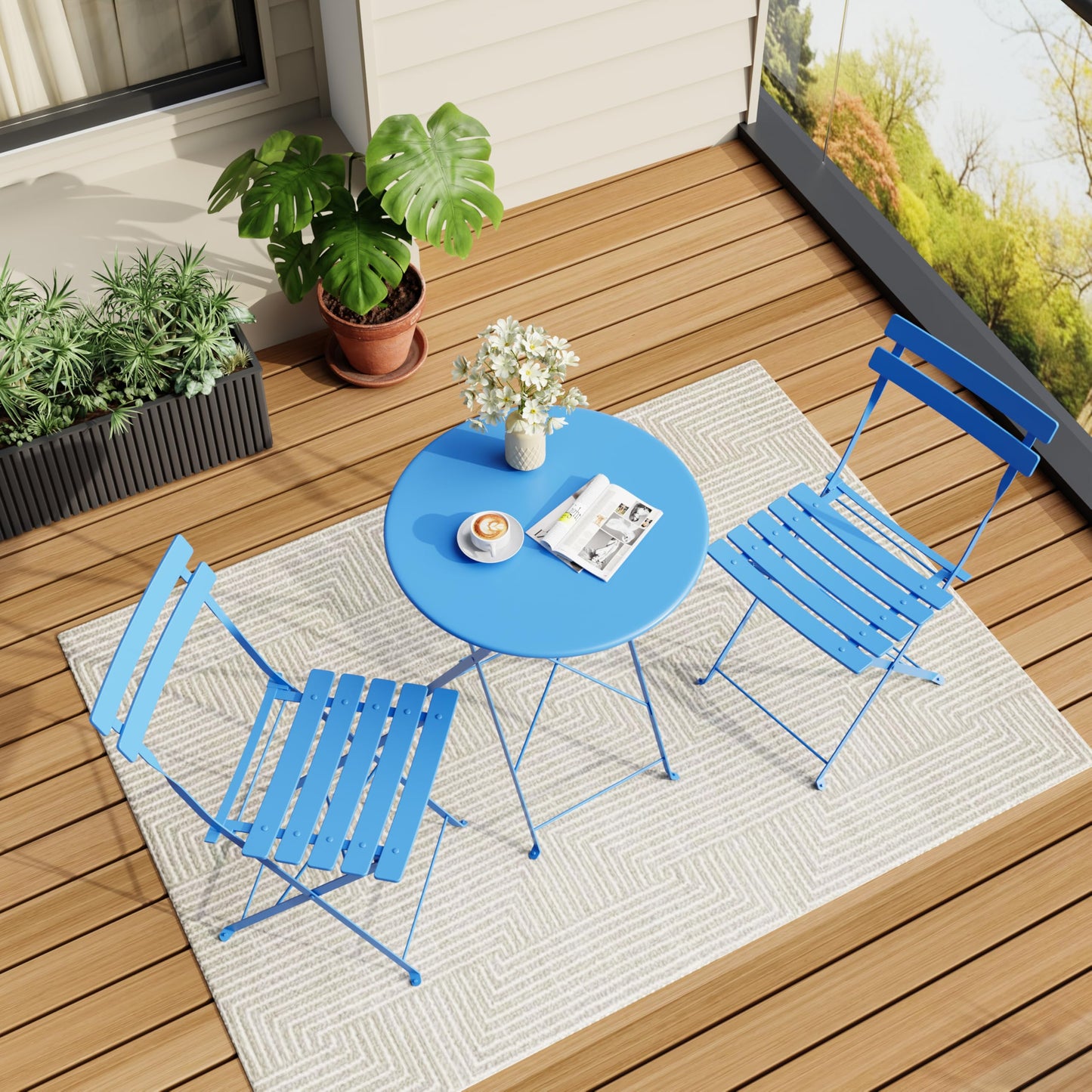 Metaso Steel Frame Patio Bistro Set – 3-Piece Outdoor Folding Table & Chairs
