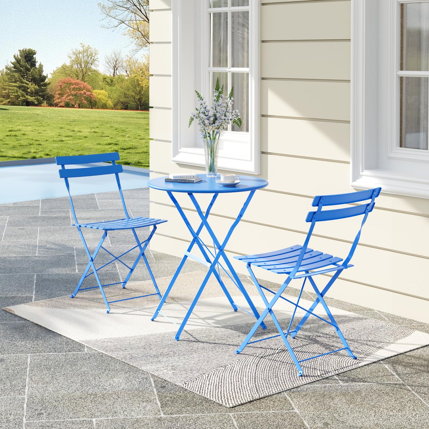 Metaso Steel Frame Patio Bistro Set – 3-Piece Outdoor Folding Table & Chairs